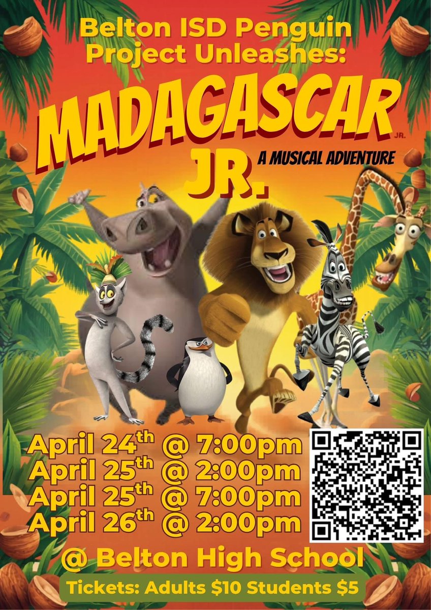 BeltonISD's tweet photo. The stage is set, and our Penguins are ready to shine.🎭

Belton ISD’s Penguin Project returns April 24–26 with Madagascar–A Musical Adventure Jr. featuring 90+ student performers, two casts and four shows.

🎟️ Adults $10 | Students $5
🎫 Tickets: https://t.co/XNikbZIotR https://t.co/DBZZ05f1Ag