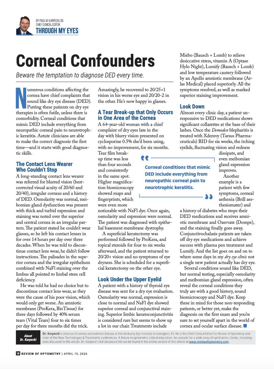 revoptom's tweet image. "Corneal Confounders" — Beware the temptation to diagnose DED every time, says Paul Karpecki, OD.

Read Dr. Karpecki's monthly column: reviewofoptometry.com/article/cornea…

#cornea #optometry #dryeye #dryeyedisease