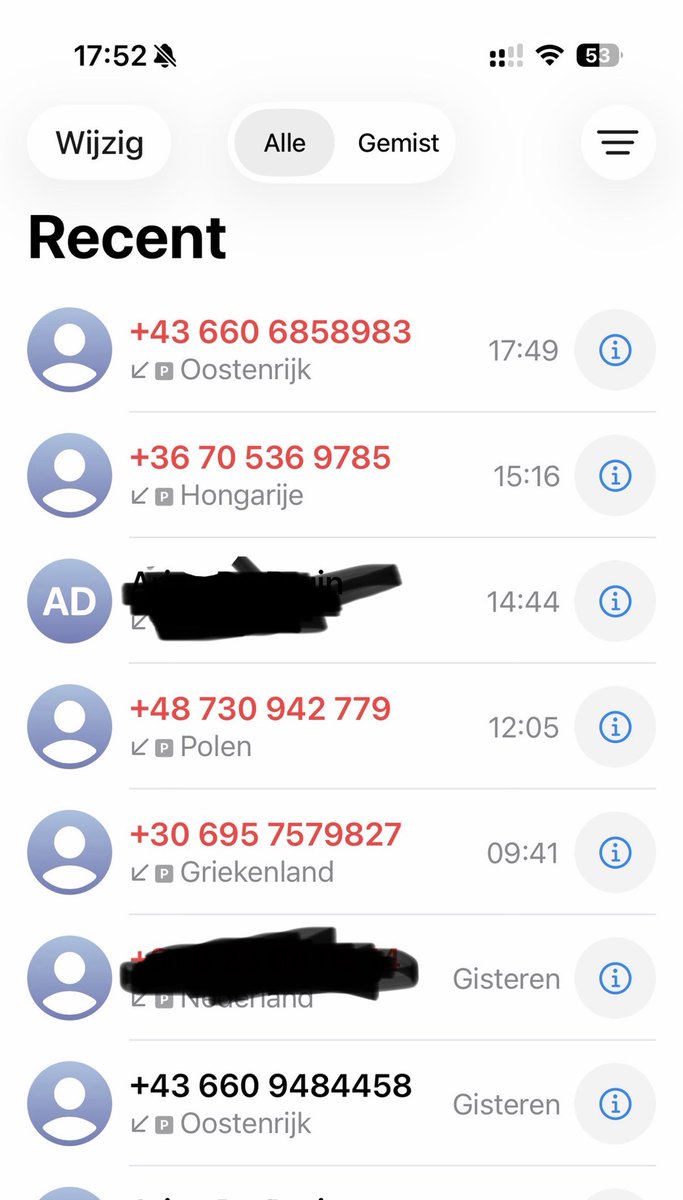 Zit ik in een lijst van Scammers of zo. Niet normaal. Allemaal onbekende nummers uit andere landen. Dit gaat al dagen door.