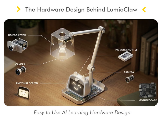 stufflistings's tweet photo. A lamp that's an AI desktop projector for learning, with a voice assistant and dual cameras.

The LumioClaw... https://t.co/VS9szyfX3r