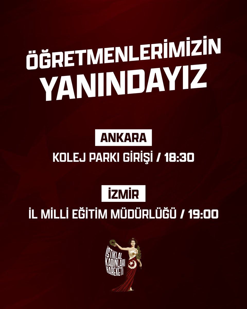 istiklalkadin's tweet photo. Öğretmenlerimizin yanındayız!

Ankara | Kolej Parkı Girişi 18:30
İzmir | İl Milli Eğitim Müdürlüğü | 19:00 https://t.co/tbR46i3yle