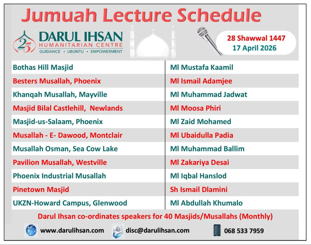 discdbn's tweet image. 🔹 Jumuah Lecture Schedule🔹
✨ By Darul Ihsan✨

🗓️ Friday,  17th April 2026

❇️ For More Info 
darulihsan.com/link

#JumuahRoster #Friday #Lectures #Salah #FridayBestDay #DarulIhsan