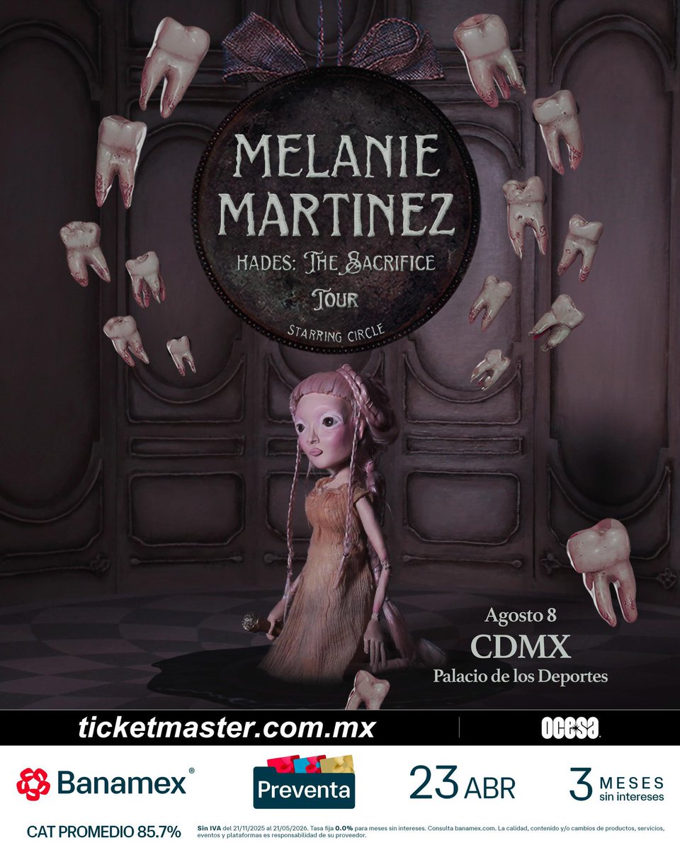 ailoviutl's tweet photo. 🚨 ANUNCIO OFICIAL 🚨

🧚🏼‍♀️ MELANIE MARTINEZ 🧚
✼ HADES: THE SACRIFICE TOUR ✼
🗓️ Sábado 8 de Agosto del 2026 🗓️
🏟️ Palacio de los Deportes 🏟️
📍 CDMX 📍 🇲🇽 México 🇲🇽

🎫 Fechas de Preventas 🎫

Venta Beyond: 21 de Abril 9:00 AM*
Preventa Priority: 22 de Abril 9:00 AM*
Venta a Fans: 22 de Abril 12:00 PM*
Preventa Banamex: 23 de Abril 11:00 AM
Venta General: 24 de Abril 12:00 PM

Código Beyond y Códigos Priority + Links lo subiré en mi Stories para Suscriptores de mi https://t.co/ccAgcLOXzE 💜

*regístrate aquí para obtener el acceso de la Venta a Fans: https://t.co/dxBQKX5RoZ

El acceso a la Venta a Fans estará ligado a la cuenta TM con la que harás el registro y tienes como límite hasta el 21 de abril a las 12:59 AM

En Venta a Fans podrán pagar con tarjetas de cualquier banco ya sean Débito o Crédito, con un límite de compra de 4 boletos por cuenta

🎟️ Precios de Boletos en Breve 🎟️

💲 Boletera: Ticketmaster 💲

💳 Meses sin Intereses 💳

3 MSI con tarjetas de Crédito Banamex a partir de $3,000 MXN

#MelanieMartinez #Concert #Concierto #México #CDMX #PalacioDeLosDeportes #HadesTheSacrifice #HadesTheSacrificeTour #Ailoviutl #TheHadesRitual #Music #Música #TheHadesRitualTour #Fest #Festival  #Fans