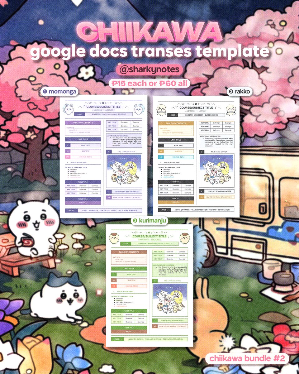sharkynotes's tweet photo. Chiikawa Transes Templates Available! 💜🖤💚💛🩵 

Chiikawa Bundle No. 2 
(5 Templates Available) 

1 Template = ₱15 
Take All = ₱60 

DM now to Avail
#transestemplates #studytwt #chiikawa #momonga #digitalnotes #transes #collegestudents #highschoolstudents https://t.co/sucXn8m1C0