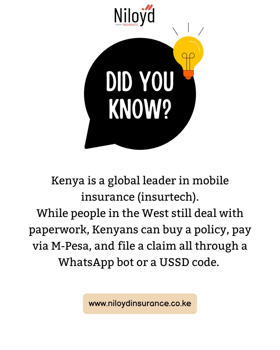 NiloydInsurance's tweet photo. Did you know that Kenya is a global leader in mobile insurance? ( insurtech)
While other countries still deal with paperwork, Kenyans can buy a policy, pay via M-pesa, and file a claim online.
#DidYouKnow #InsuranceFacts #Kenyans #EPRA https://t.co/E6bFgoi9zY
