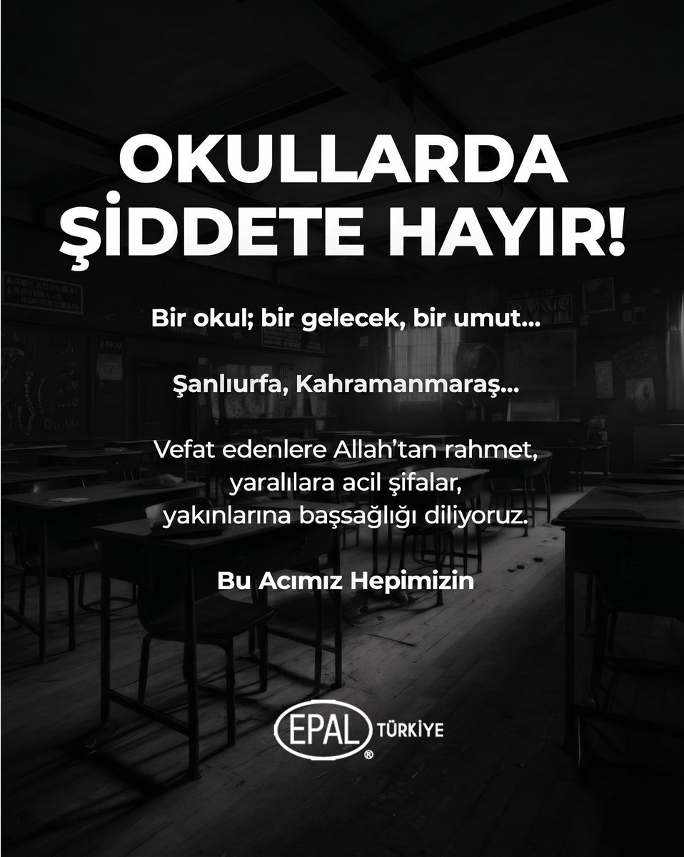 TurkiyeEpal's tweet image. OKULLARDA ŞİDDETE HAYIR!

Bir okul; bir gelecek, bir umut...

Şanlıurfa, Kahramanmaraş...

Vefat edenlere Allah’tan rahmet,
yaralılara acil şifalar,
yakınlarına başsağlığı diliyoruz.

Bu Acımız Hepimizin

#epal #epalturkiye