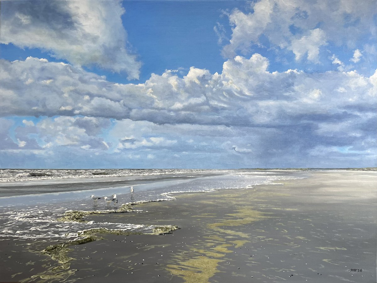 hh_painting's tweet image. Finished 🎨 A new painting of a seascape near Hoek van Holland. 60x80 cm. 
The green and yellowish "sea foam" or "sludge" on the beach is a
natural phenomenon in April and May during onshore winds. #seascape #NorthSea #herringgulls #beach #sludge #sky #oilpainting