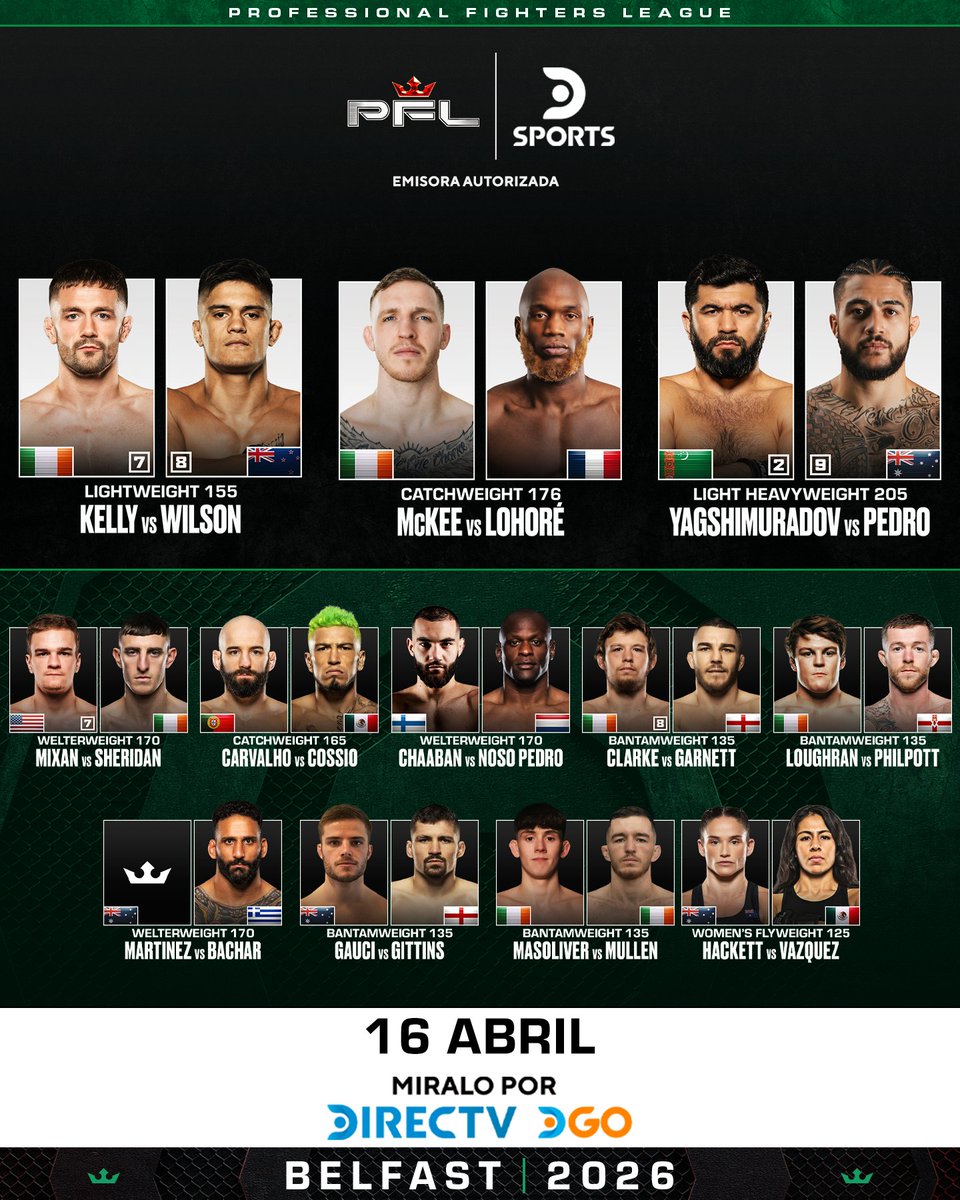 DSports's tweet photo. ¡TENEMOS ACCIÓN EN IRLANDA DEL NORTE! 🔥
🥊 Tomen nota de la GRAN cartelera que nos espera en una nueva velada del #PFLEnDSPORTS, en Belfast.
#DSPORTSFight
¡Lo vives por #DIRECTV y #DGO! 📺📱 https://t.co/RE8gSBeSFD