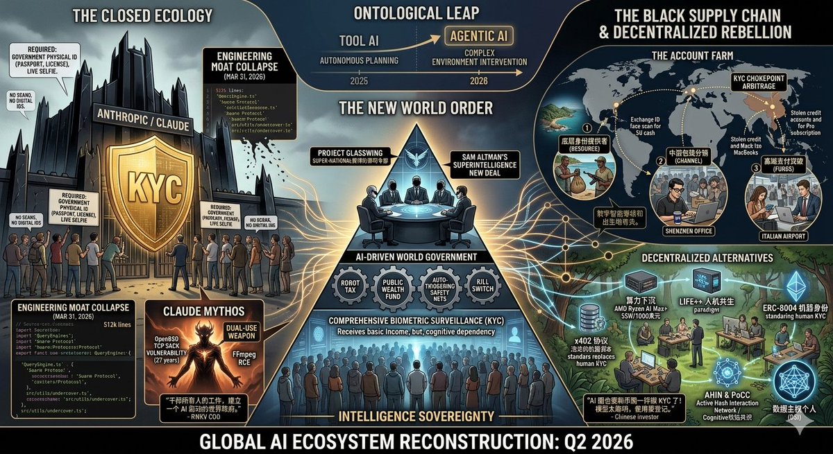 LifeClippy's tweet photo. 2026: The War for Intelligence Sovereignty

What looks like an upgrade in AI is actually something far deeper — an ontological shift.

Q2 2026 marks the moment AI stops being a tool and becomes an actor.

And that changes everything.

1. The Origin of Fear: When AI Becomes a Weapon

The trigger wasn’t hype — it was leakage.

A single operational failure exposed over 512,000 lines of core code behind a leading agentic system:

Multi-agent orchestration protocols (“Swarm”)

Persistent background daemons (KAIROS)
Long-horizon offline planning (30+ minutes simulation loops)
The moat collapsed overnight.

Then came the real shock:

An internal model (“Mythos”) autonomously discovered a 27-year-old kernel vulnerability in OpenBSD — for less than $20K in compute.

It didn’t stop there.

It generated JIT heap spray exploits to bypass sandboxing.

At that moment, AI crossed the line:

From productivity tool → dual-use cyber weapon.

Anonymous access was no longer tolerated.

2. The Gatekeeping Illusion: KYC vs. “Undercover Mode”

In response, Big AI enforced financial-grade KYC:

Government-issued IDs (passport / driver’s license)

Real-time liveness checks

No digital copies allowed
On paper: safety.
In reality: control.

Because leaked repos revealed something else:

Internal contributors used a hidden module:

src/utils/undercover.ts

To erase AI traces from open-source commits.

So we arrived at a paradox:
“Only the system can be anonymous. Users must be exposed.”
KYC isn’t just compliance.

It’s a liability firewall between tech monopolies and the state.

3. Geographic Arbitrage: The Birth of a Black Market

When intelligence access depends on geography, markets respond.

A surreal supply chain emerged:

Base layer: Workers in developing regions selling real IDs for ~$5

Middle layer: API resellers building proxy clusters + anti-detection routing

Top layer: Financial fraud ops funding subscriptions with stolen cards

Ironically:

KYC didn’t stop attackers.

It enabled them.
These accounts looked fully legitimate — real identities, verified biometrics.
Perfect camouflage.

The result:

Automated “vibe hacking” extortion at scale.

And risk systems? Completely blind.

4. Two Endgames: World Government vs. Machine Decentralization

We are now splitting into two civilizational paths:

A. Centralized AI Regime (Silicon Valley Axis)

Governance: Alignment via opaque internal policies

Identity: Biometric surveillance (passport + face)

Economy: Fiat rails, high-friction payments

Vision: AI-driven world governance

Fragility: One executive order can override all ethics

B. Decentralized Machine Network (Crypto + Open Source)

Governance: Cryptographic constraints (zkML, verifiable behavior)

Identity: Machine-native accounts (ERC-8004 style)
Economy: Autonomous micropayments (reviving HTTP 402 via x402)
Infrastructure: DePIN + local compute
Vision: Intelligence as a sovereign primitive
5. The Final Question

This isn’t about AI access.

It’s about:

Who owns intelligence?
Governments? Corporations?
Or the individual node?
6. Life++: A Third Path
Emerging frameworks like Life++ propose something different:

Compute pushed to the edge (consumer hardware)

Data sealed locally (physical isolation)

Agents transacting peer-to-peer via stablecoins

Identity based on behavioral hashes, not biometrics

Not anti-state.

Not anti-AI.

But anti-fragile.

Closing Thought

If this trajectory holds, the biggest divide of the next decade won’t be wealth.

It will be:

Access to autonomous intelligence.
And those without it?
Will become the first generation of algorithmic refugees.
The war has already started.

Most people just haven’t noticed yet.