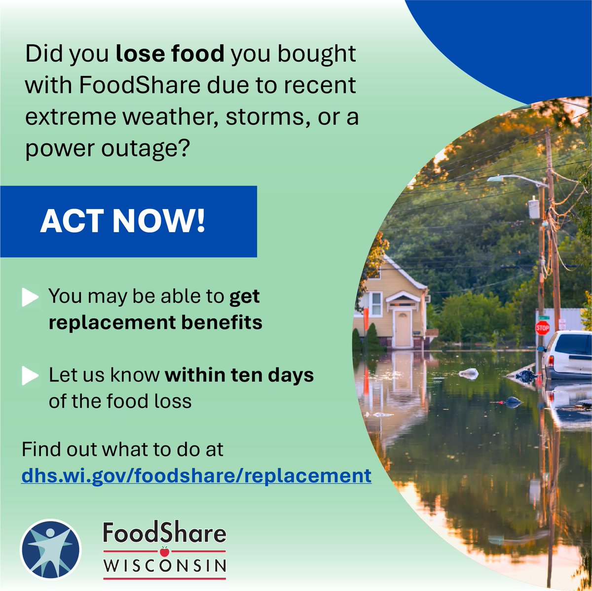 DHSWI's tweet image. Are you a #FoodShare member and lost food you got with your benefits due to #storms or a recent power outage? You may be able to get replacement benefits. Don’t wait – you must ask for them within 10 days of food loss.
➡ Learn how: dhs.wi.gov/foodshare/repl…