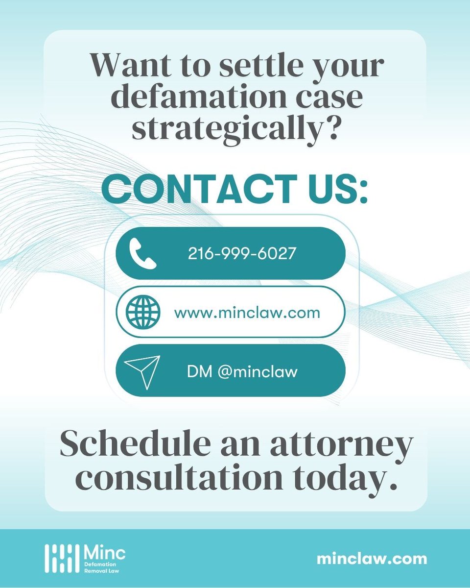 RepLawyer's tweet photo. How likely is it that a defamation case goes all the way to trial? What are the different ways a case can settle? What's the best option for your case? Find out more here, but remember: each case is unique. Call us about your case today: 216-999-6027. https://t.co/XUBQvNncnZ