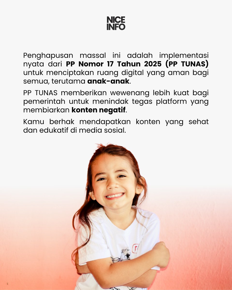 permenmniz's tweet photo. Implementasi PP No. 17 Tahun 2025 (PP TUNAS) mulai tunjukkan taringnya. Komdigi resmi menertibkan 780.000 akun/konten di platform TikTok dalam periode singkat (20-30 Oktober).

"Kami tidak akan berkompromi dengan pihak yang memfasilitasi aktivitas ilegal di ruang digital," https://t.co/gYCyOGtbaj