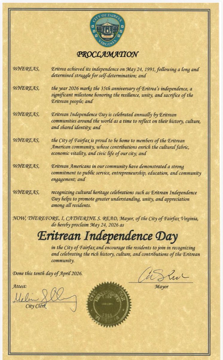 The proclamations for Eritrea Independence Day are starting to arrive from states and cities across the United States. This one comes from the City of Fairfax. Thank you to Catherine S. Read, Mayor of the City of Fairfax, VA. <a href="/CityofFairfaxVA/">City of Fairfax, VA</a> <a href="/GovFairfax/">City of Fairfax</a>