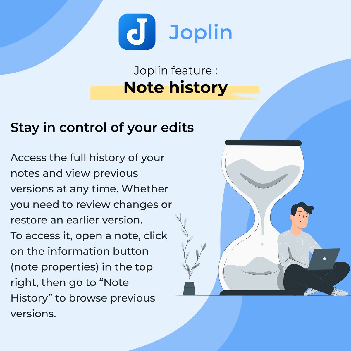 joplinapp's tweet photo. Joplin Feature: Note History 🕓 
View and restore previous versions of your notes with ease. 
Keep track of your edits and never lose important information. https://t.co/e8yO6EzgdL