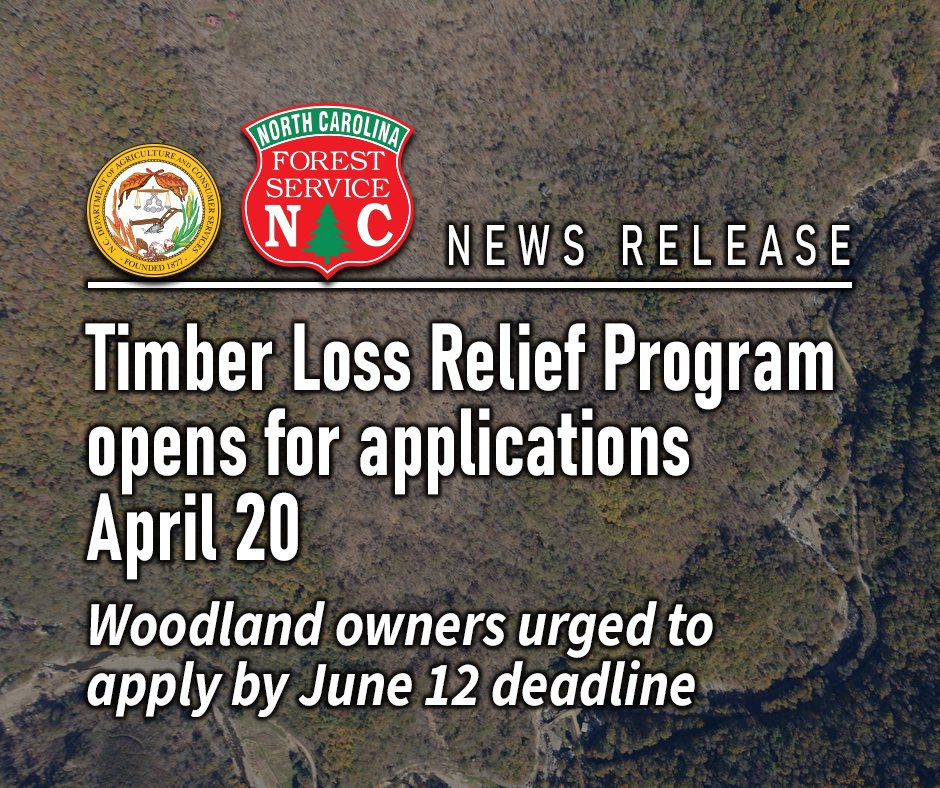 ncforestservice's tweet photo. The Timber Loss Relief Program (TLRP), a Hurricane Helene recovery assistance program that is part of a $221 million USDA block grant awarded to the N.C. Department of Agriculture and Consumer Services, will begin accepting applications April 20.
More: https://t.co/hOjat0gJK5 https://t.co/kVot6hcfnx