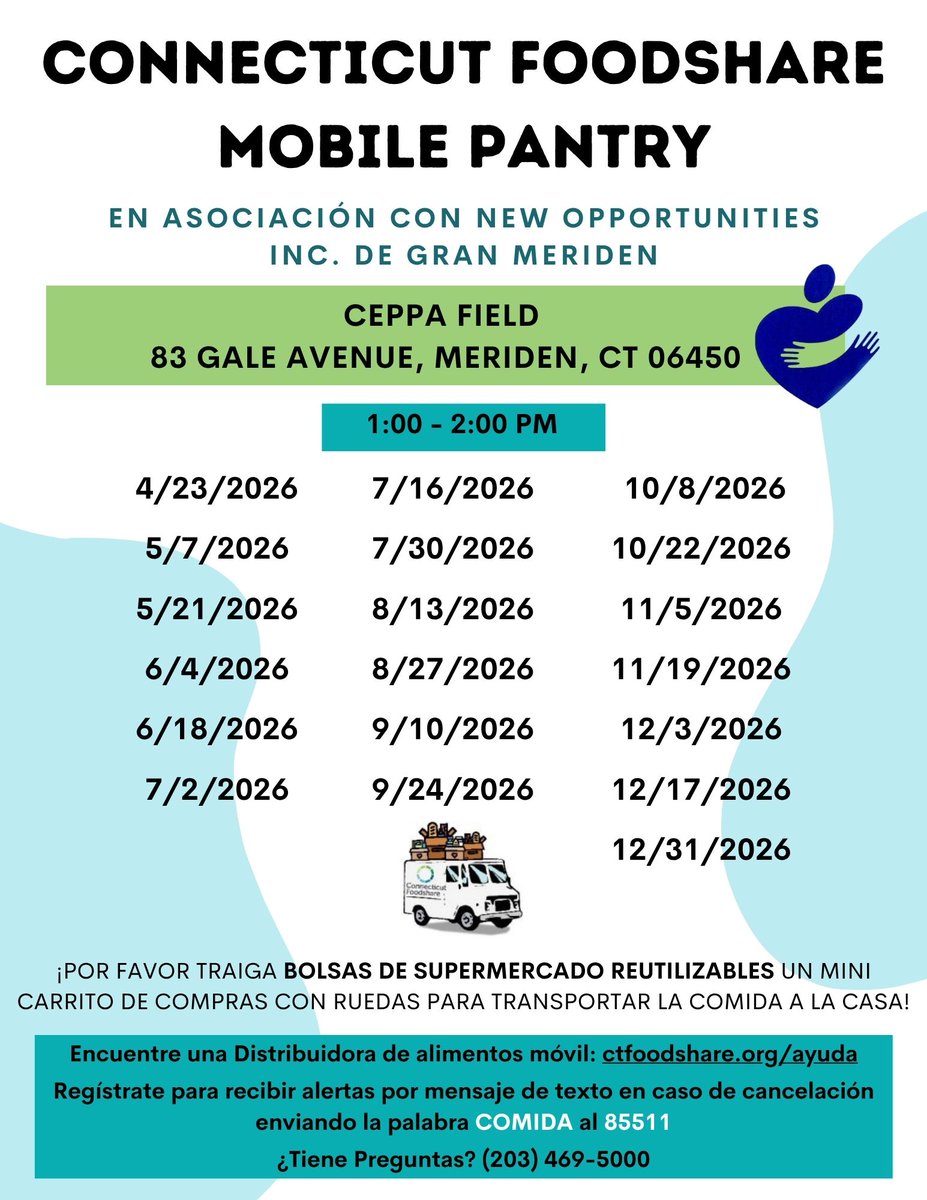 CityofMeriden's tweet photo. PLEASE NOTE: The plan for Meriden's @CTFoodshare  mobile food pantry, in conjunction with @NewOppIncOrg, is for this bi-weekly event to be staged at Ceppa Field for the remainder of 2026. https://t.co/tHju957SGQ