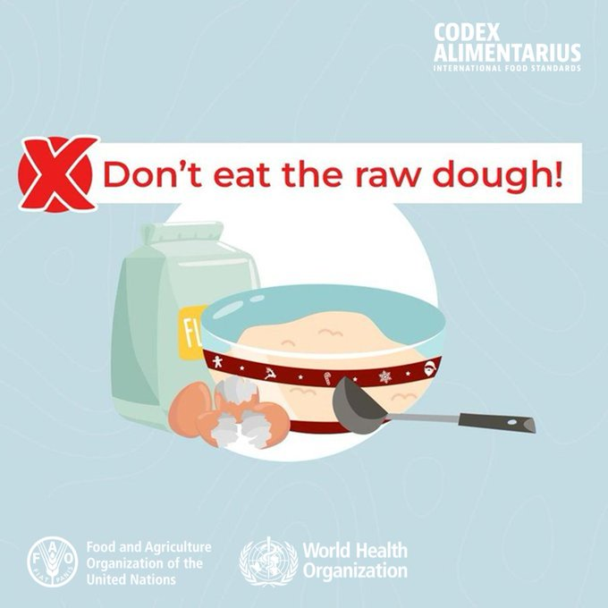 👨‍🍳 | Preparing biscuits 🍪

❌ Although it may look delicious and tempting, refrain from eating or tasting the raw dough ❌

👉 Uncooked flour and raw eggs may contain bacteria that can make you sick. 🦠🤒

#Codex | #FoodSafety