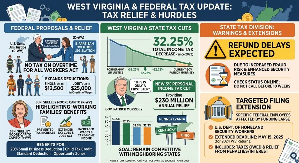 WVNews247's tweet image. As some state and federal officials are celebrating recent tax cuts and pushing for more, others warn that there will be some delay on returns and have announced a targeted filing extension.
Read the full story in the comments 💬
#WVNews #TaxCuts #Government