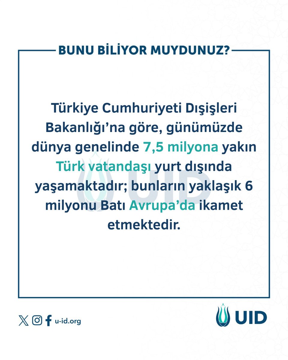 U_I_D's tweet image. Bunu biliyor muydunuz?

✅ Evet mi?
❌ Hayır mı?

💬 Yorumlarda bizimle paylaşın!

Kaynak:
T.C. Dışişleri Bakanlığı, Turkish Citizens Living Abroad, 2024.
mfa.gov.tr/turkish-citize…

#UID #BunuBiliyorMuydunuz