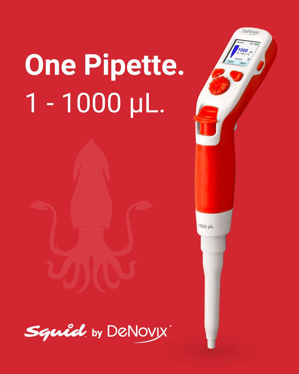 DeNovix's tweet image. One Pipette. 1 - 1000 µL.

Introducing the Squid Full Range Pipette, a revolutionary new device that reduces clutter, saves time, and minimizes setup and operating costs in the lab.

Learn more: buff.ly/XSS8mpr

#ScienceTwitter #LifeScience