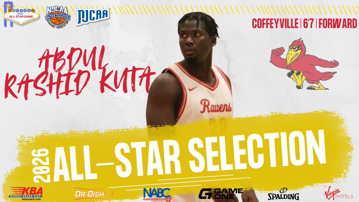 NJCAAMBBCoaches's tweet photo. 🌟2026 ALL-STAR GAME🌟

Abdul Rashid Kuta (@1zrashidkuta) of @CoffeyvilleMBB has been selected as a 2026 Men's Basketball All-Star!

���First Team All-KJCCC
🌟11.6 PPG
🌟62.8 FG%

#NJCAABasketball🏀 https://t.co/e2lHzVwYar
