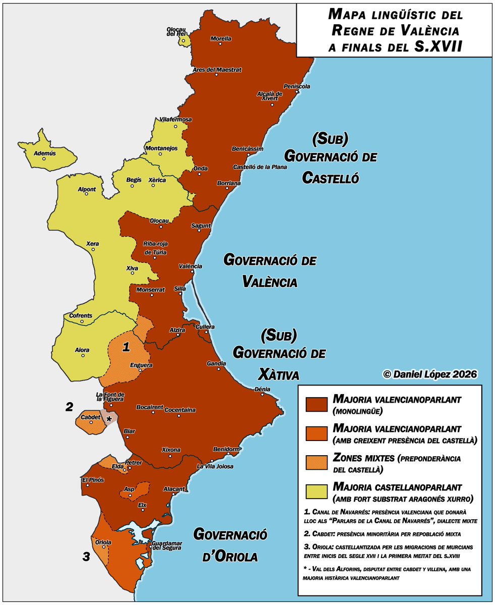 Bona vesprada amics. Hui vos porte, després de fer un parell de correccions, el mapa lingüístic del Regne de València a finals del segle XVII.

Espere que vos agrade!