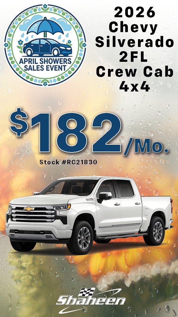 ShaheenAuto1970's tweet photo. Springtime is truck time 🎉https://t.co/eTwTNJoT91 🔗! Lease the all-new 2026 Chevy Silverado 2FL Crew Cab 4 x 4 🛻 for JUST $182 a month! Stop by to take this powerful ride for a test drive 🙌🏻.
#TruckMonth #Chevrolet #Silverado1500 #TestDrive https://t.co/YAvhUoQBio