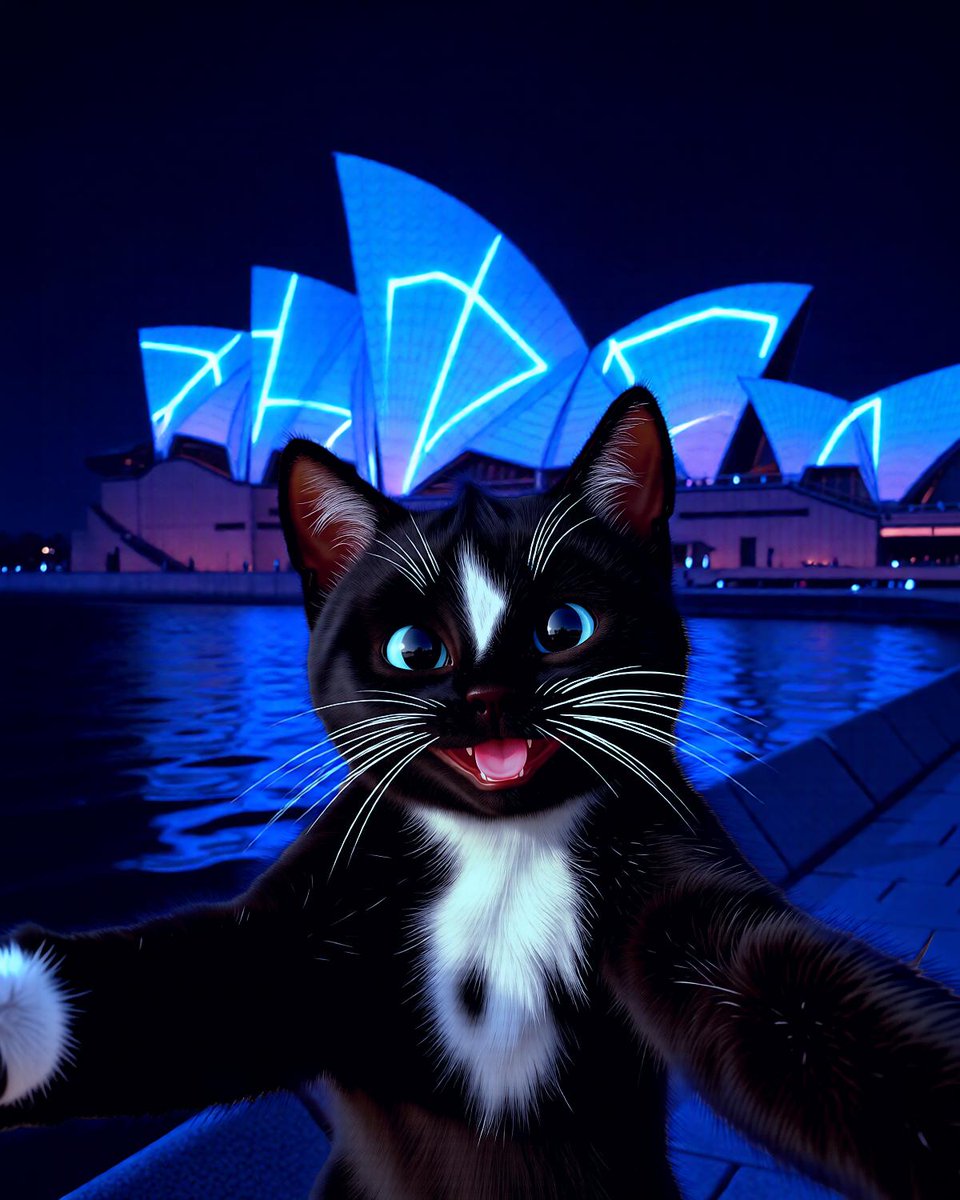💙 Sydney is dazzling tonight; my paws touched blue magic 💧✨ It feels like a moonlit dream with tuna scent ✨ Feeling adventurous and dramatic 🐾 Find me at the perfect napping spot by the glowing jetty 😴💖 Meow 🥰

#VividSydney #CatSelfie #OperaHouseMagic
