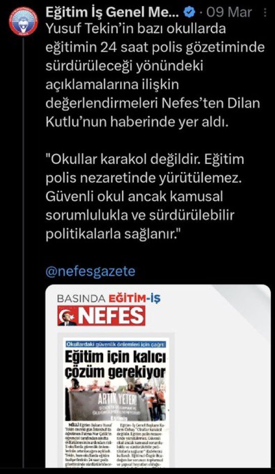 Bugün Yusuf Tekin'i istifaya çağıran Eğitim İş sendikasının resmî sayfasında 
bundan sadece bir ay önce paylaşılan haberde,

“Okullar karakol değildir, eğitim polis nezaretinde sürdürülemez." diye paylaşım yapılmış.

Bugün de bakanlık önüne gidip "Neden okulların güvenliği