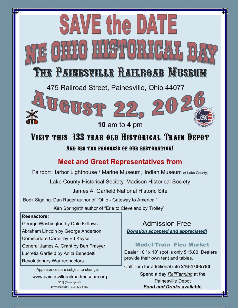 baberuth342's tweet photo. Save the date for Saturday, August 22nd and celebrate our nation's 250th anniversary at the 133 year old Painesville Railroad Depot and Museum. 

This fun/free event  includes visits from George Washington, Abraham Lincoln, James and Lucretia Garfield and Commodore John Carter. https://t.co/ZjCam050Jy
