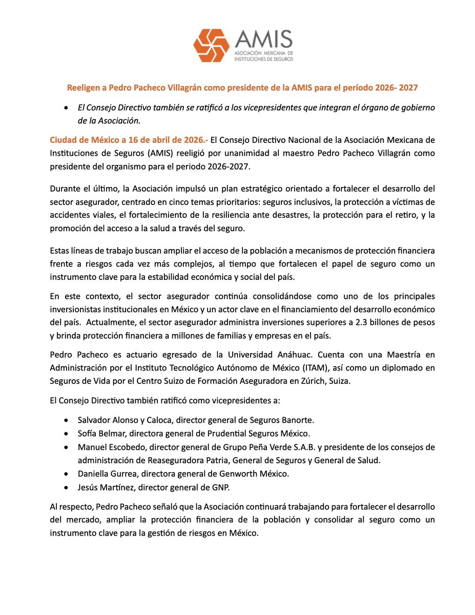 AMIS_mx's tweet image. #ComunicadoDePrensa| Reeligen a Pedro Pacheco Villagrán como presidente de la AMIS para el período 2026-2027
#AMIS #ConsejoDirectivoNacional #TransformamosHistorias