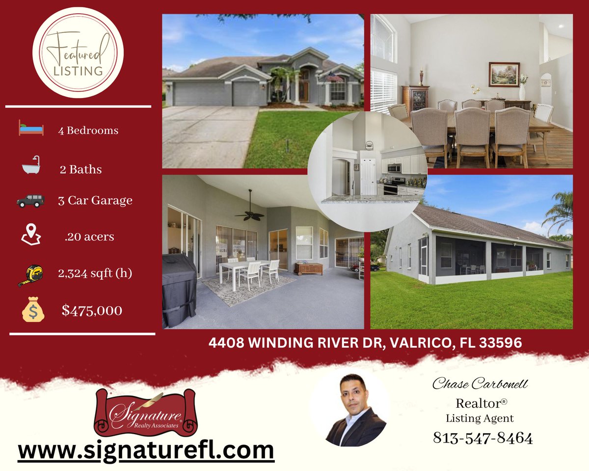 SRAFL's tweet photo. 🏡 FOR SALE | Valrico, FL

📍 4408 Winding River Dr

4 Bed | 3-Car Garage 🔥
Updated + Move-In Ready

Near Bloomingdale schools + Alafia River

👉 https://t.co/e9qE0yvZaw
Chase Carbonell, Realtor®
Signature Realty Associates

#ValricoFL #FloridaHomes #Signaturefl #SRAFL https://t.co/vig71M4I9F