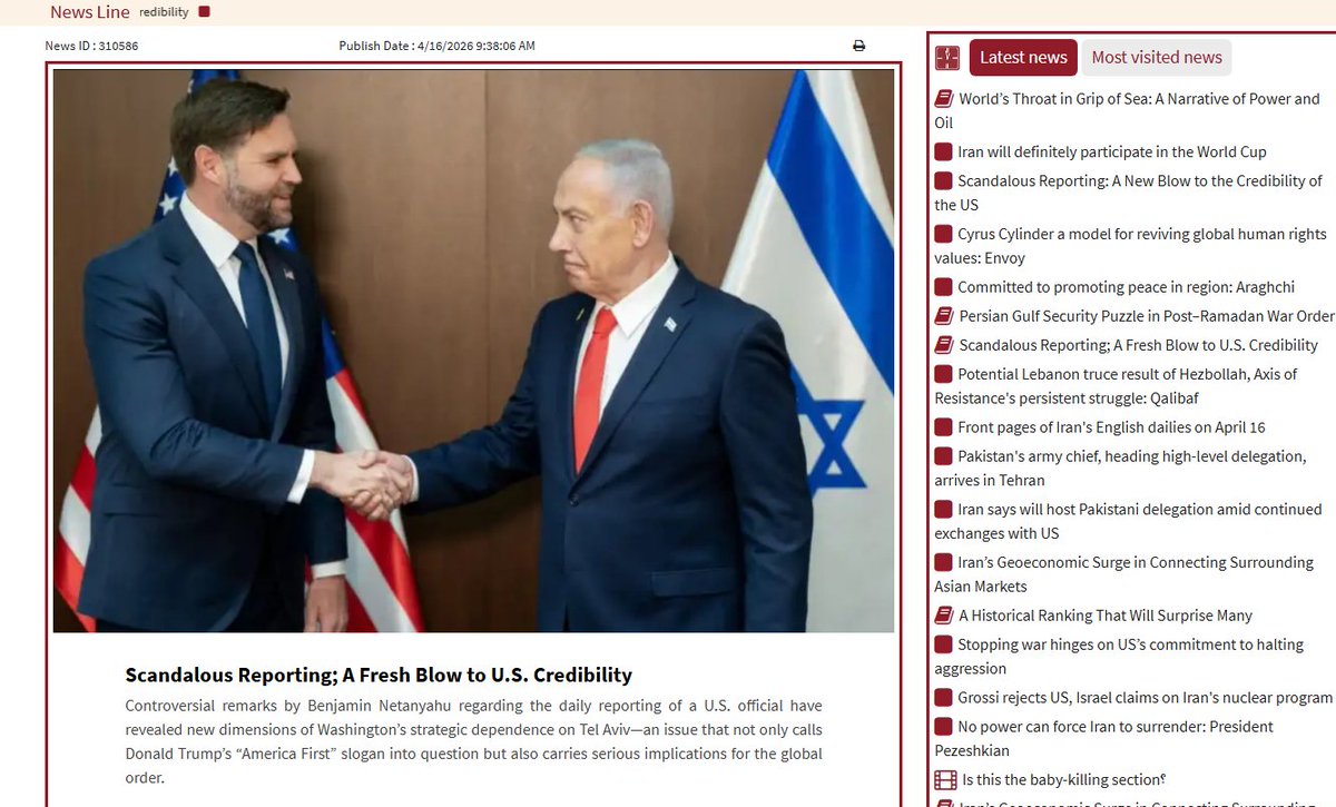 ma_khodabandeh's tweet image. Fresh Blow to U.S. Credibility;
"Remarks by #Netanyahuwarcriminal regarding the daily reporting of  U.S. official have revealed new dimensions of Washington strategic dependency on Tel Aviv, questioning #pedopresident Trump’s “#AmericaFirst” slogan." 
nourNews.ir/n/310586