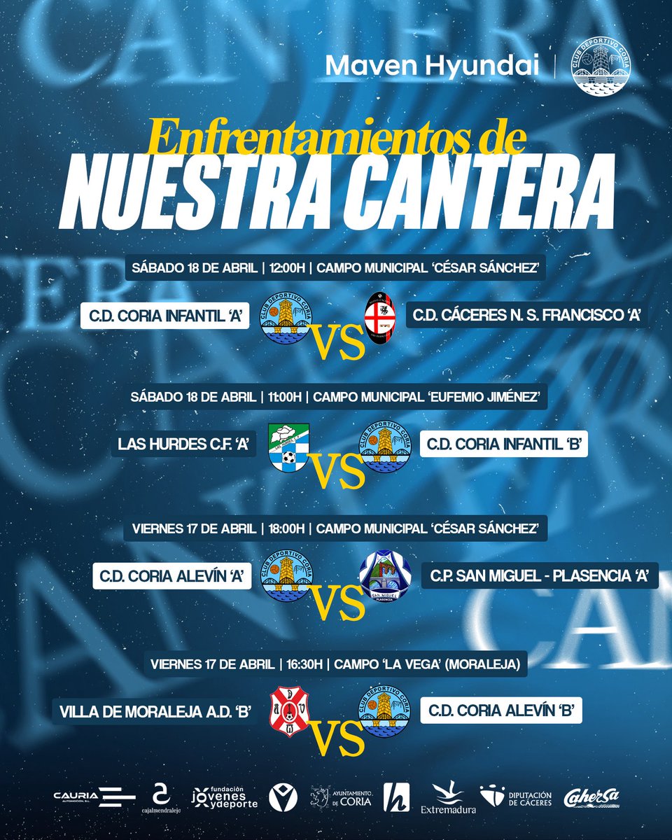 CanteraCDCoria's tweet photo. 🏟 ¡ENFRENTAMIENTOS DE NUESTRA CANTERA PARA ESTE FIN DE SEMANA!

📲 #MiCorazonLateCeleste https://t.co/XHmoL4fm7g