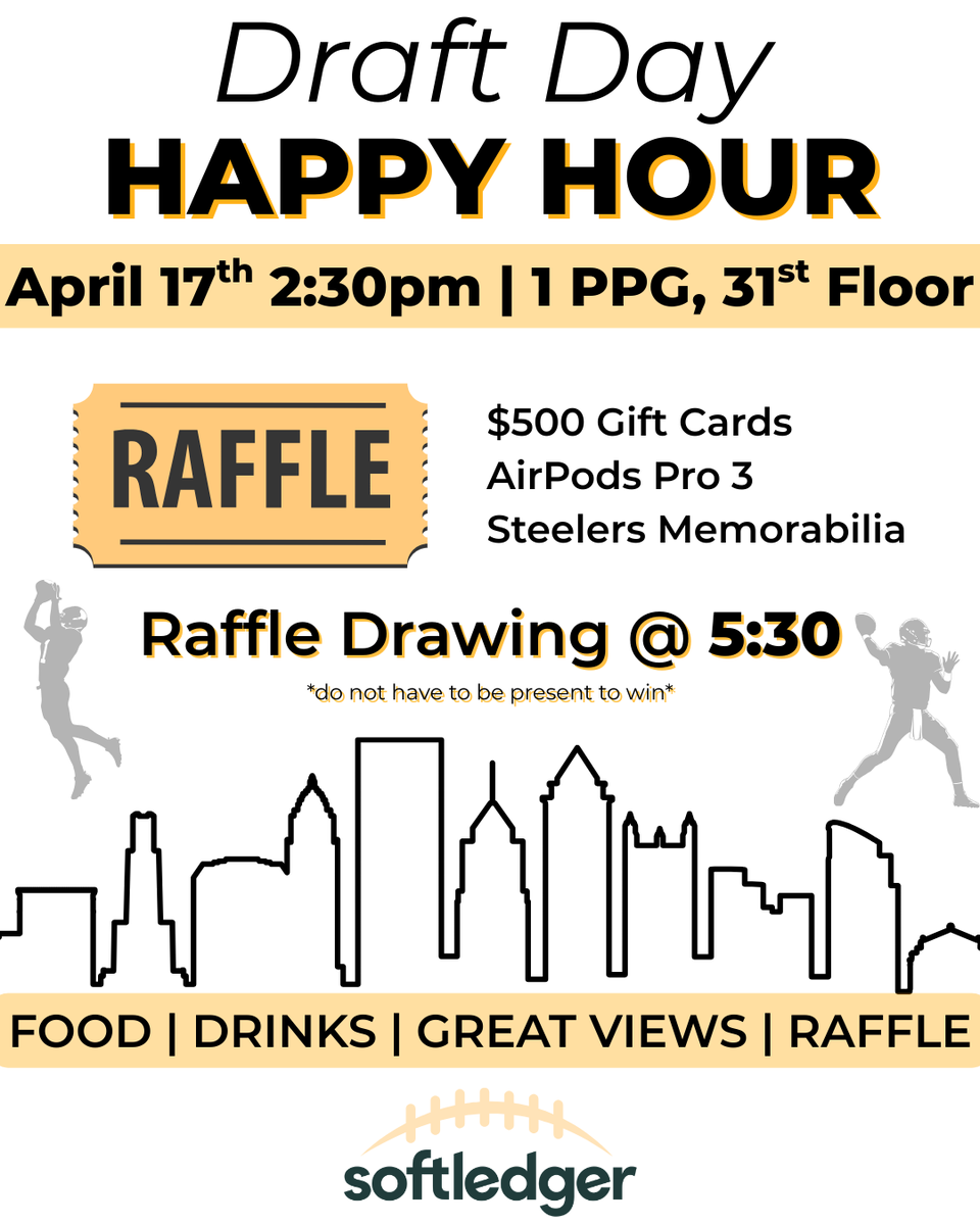 SoftLedger's tweet photo. Join SoftLedger for an NFL Draft Happy Hour as we kick off draft weekend the right way — with great drinks, great company, and a little friendly competition.

🕝 Starts at 2:30 PM
🎟️ Raffle drawing at 5:30 PM (you don't have to be present to win!)

Stop by, grab a drink, eat some food, and enter for a chance to win. Whether you're here for the picks or the prizes, we’d love to see you!

Let’s draft some great conversations!
RSVP: https://t.co/zo9rIoWCmi

#NFLDraft #HappyHour #Networking #FinTech #SoftLedger
