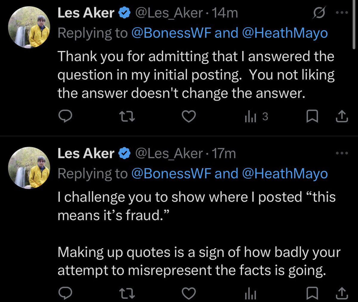 BonessWF's tweet photo. @Les_Aker @HeathMayo No it’s not that I don’t like the answer it’s that I don’t understand how those numbers lead to your conclusion.

Also what’s the matter? Did you realize you actually did claim that there was fraud in the first post and delete it thinking I wouldn’t see it? https://t.co/2dk7tNtzj6
