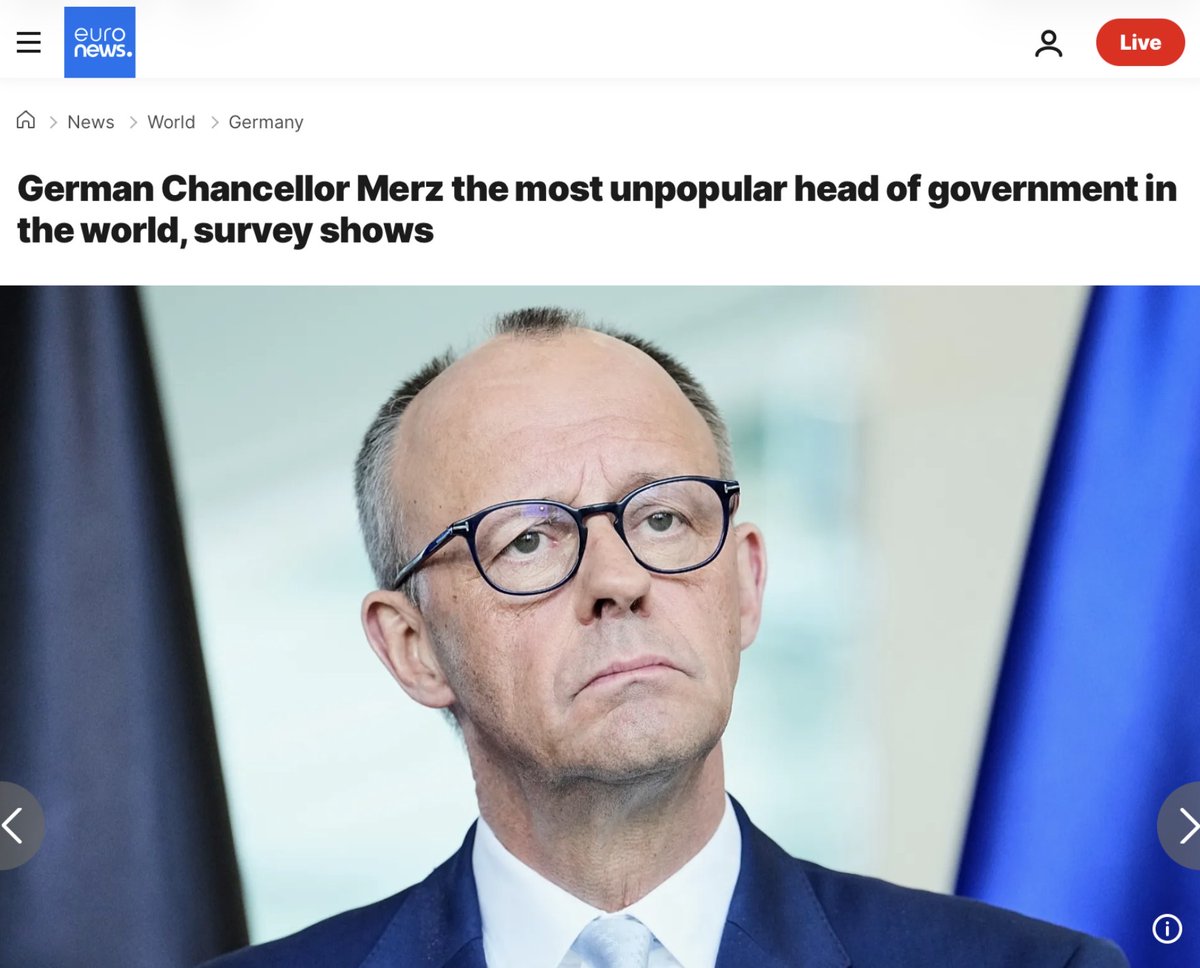 Markus_Krall's tweet photo. Kanzler Merz der unpopulärste Regierungschef auf der ganzen großen weiten Welt. 
Glückwunsch. 
Da hat Kanzler Hitler 12 Jahre für gebraucht was der in 12 Monaten geschafft hat. https://t.co/wl9HxJPvUi