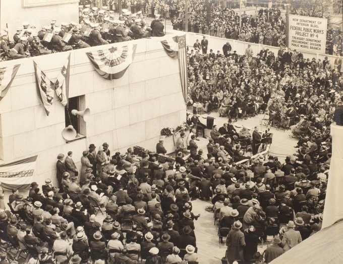 InteriorMuseum's tweet photo. Ninety years ago today was the dedication ceremony for our present-day @Interior headquarters building (Federal Works Project No. 4)! President Franklin Delano Roosevelt spoke at the event, calling the building "symbolical of the Nation's vast resources." With the same trowel that George Washington used to lay the U.S. Capitol's cornerstone in 1793, Roosevelt sealed in our cornerstone a time capsule containing mementos and documents related to the Department's history. (INTR 07466)