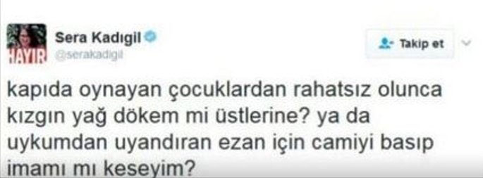 <a href="/serakadigil/">Sera Kadıgil</a> Geçmişte okullarda ve üniversitelerde polisin ne işi var diyenler, katil polis defol sloganları atanlar! 
Acılar üzerinden iğrenç siyasetiniz batsın.
Sera Kadıgil!
Bu tweeti atan sensin.
