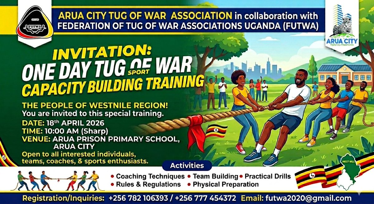 FUTWA256's tweet photo. Calling all Tug of War sport enthusiasts in the West Nile region! Don't miss out on this incredible opportunity to take your Tug of War game to the next level!🇺🇬 @AruaCityUg Tug of War Association #capacitybuilding #Training on 18th April 2026 at Arua Prison primary school 10am. https://t.co/MrgdUQZptT