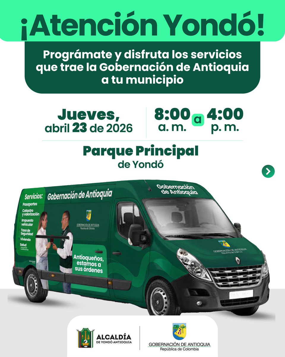 GobAntioquia's tweet photo. 📣 ¡Atención habitantes de 
Yondó! Llega la Paisaneta con los Servicios de la Gobernación de Antioquia. 

Sin necesidad de viajar a Medellín podrás acceder a:
📌 Vacunación
📌 Expedición de pasaportes 
 📌Asesorías para subsidio y mejoramiento de vivienda 
📌 Descuentos en el pago del impuesto vehicular 
📌 Servicios de castastro, valorización y Tasa de Seguridad

Nos vemos en el parque principal. 

🗓️ Jueves, 23 de abril 
🕗 Desde las 8:00 a. m.
👋 ¡Te esperamos!