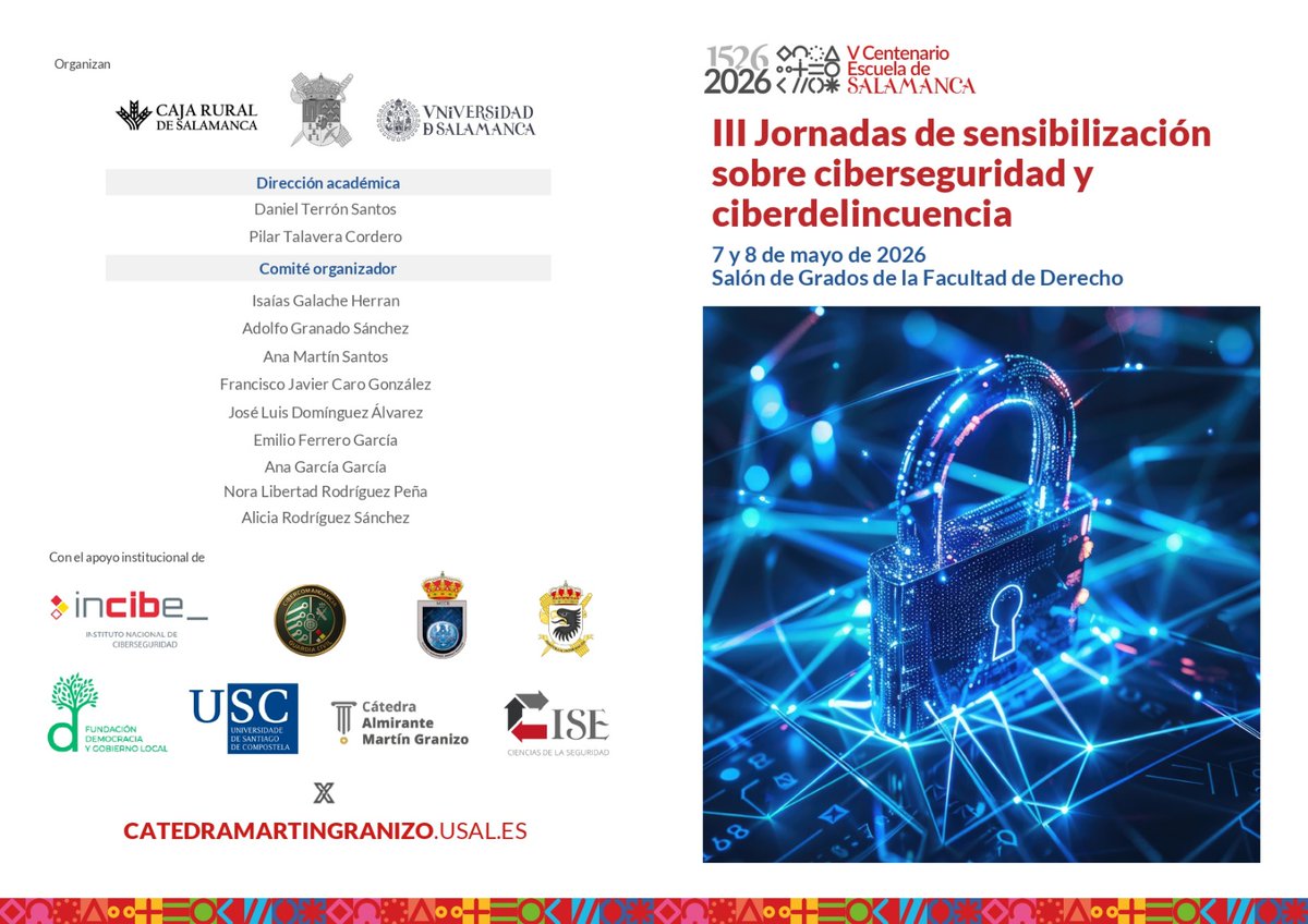 piltaco's tweet photo. 📢#NuevaActividad

III Jornadas de sensibilización sobre ciberseguridad y ciber delincuencia

📅7 y 8 de mayo
📍Salón de Grados @FacDerechoUsal
📝https://t.co/dIbC9JRGnF https://t.co/ukZXNhCfW9
