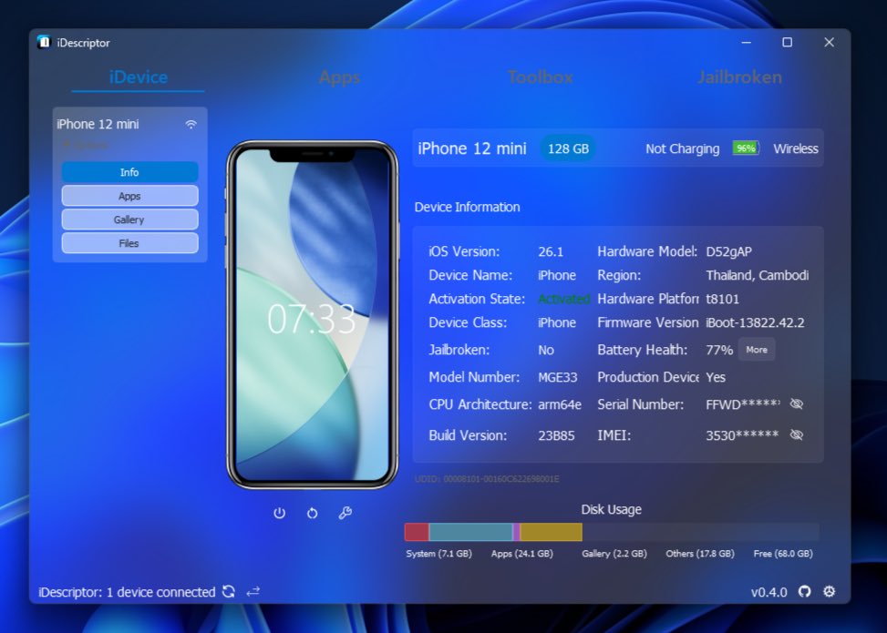 cydia_mriphone's tweet photo. اطلاق تحديث لتطبيق iDescriptor
بديل 3utools
يدعم Windows/macOS/Linux
يسمح لك بتحميل التطبيقات من اب ستور عبرة
نقل الصور وتصفح الملفات-انتكاس الشاشة AirPlay
الموقع الافتراضي
قم بمحاكاة موقع GPS على جهاز iDevice الخاص بك
مميزات SSH
افتح تطبيق الاكواد  على جهاز iDevice الخاص بك
ومميزات كثيرة  جدا 
للتحميل
https://t.co/XkOzMV93hl

الجديد
دعم الجهاز اللاسلكي (لا حاجة إلى كابل)
• تعمل ميزات iOS 17+ الآن مرة أخرى
• أسرع + أكثر استقرارا (تم نقله إلى الواجهة الخلفية الصدأ)
• واجهة مستخدم جديدة (تأثير ويندوز 11 ميكا)
• تتبع الحالة المباشر للمهام
