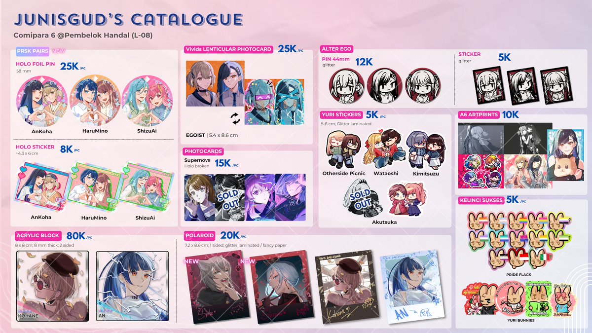 [RT &amp; shares are appreciated 💖]

Halo teman-teman, berikut katalog OTS untuk #Comipara6
📍Pembelok Handal L-08
📅18-19 Oktober 2025
🌟Project Sekai (VBS, MMJ, Shiho), Yuri/GL, Pride, Original

More details in reply⏬