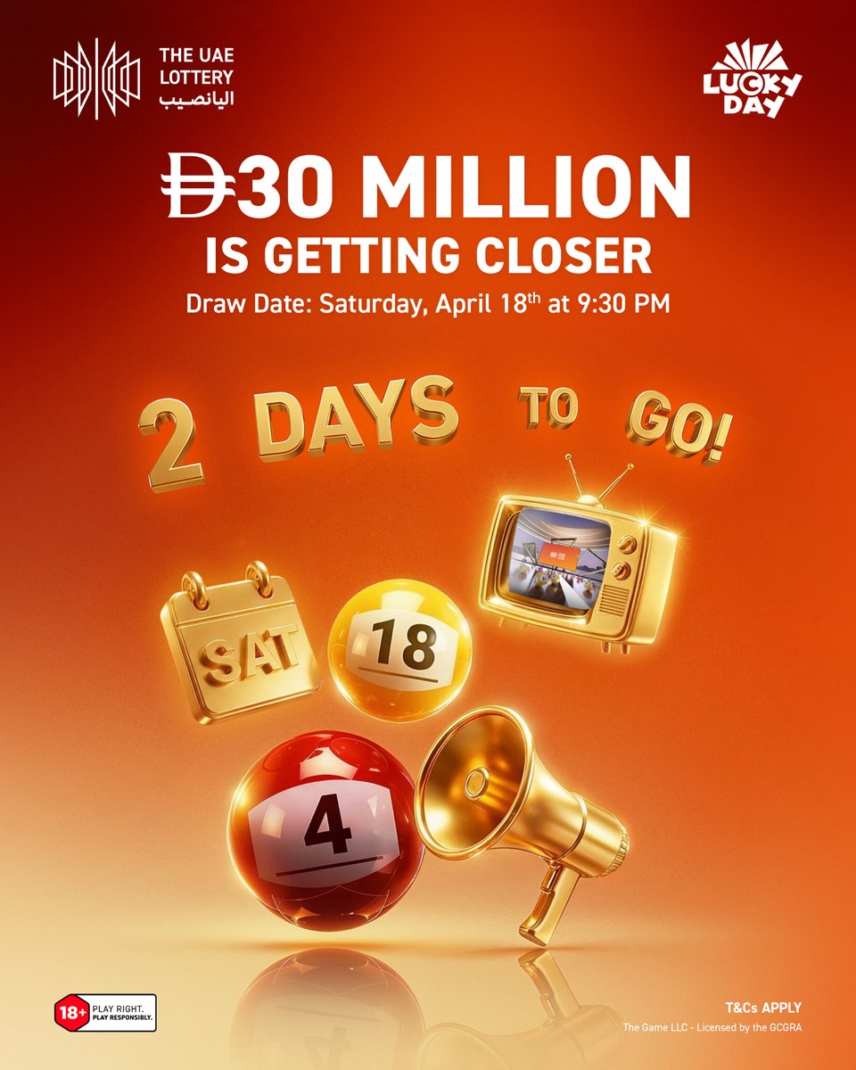 theuaelottery's tweet image. 2️⃣ DAYS TO GO! 🎉
We’re counting down to Draw #260418 this Saturday — mark your calendars!

🗓 Saturday, April 18 at 9:30 PM
⏳ Reminder: Ticket sales close at 8:00 PM on draw day.

👉 Get your tickets at theuaelottery.ae
#LuckyDay #TheUAELottery