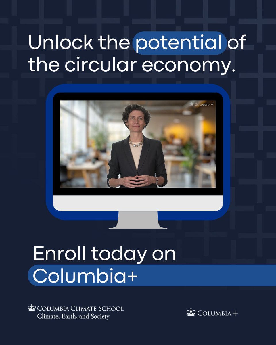 columbiaplus's tweet photo. 🌍New Course - Circular Economy Strategies for Reclaiming Value

🔗 https://t.co/kMKeqZrbHw

The way we produce and consume is no longer sustainable, but there is another way forward.

Led by Columbia Climate School Professor Sandra Goldmark, this course explores how circularity can help organizations rethink how value is created, reduce waste, and build more resilient systems in practice.

You’ll gain practical tools to:

• Define circularity clearly and move beyond the jargon
• Understand how circular systems work across industries
• Apply circular thinking to your own organization
• Turn sustainability into a strategy for long-term value

If you’re rethinking how your organization creates and sustains value, enroll today on Columbia+
👉 https://t.co/kMKeqZrbHw

#CircularEconomy #Sustainability #ClimateAction #BusinessStrategy #Leadership #ExecutiveEducation #ColumbiaClimateSchool @columbiaclimate @SandraGoldmark @jeffschlegel @columbia_ncdp