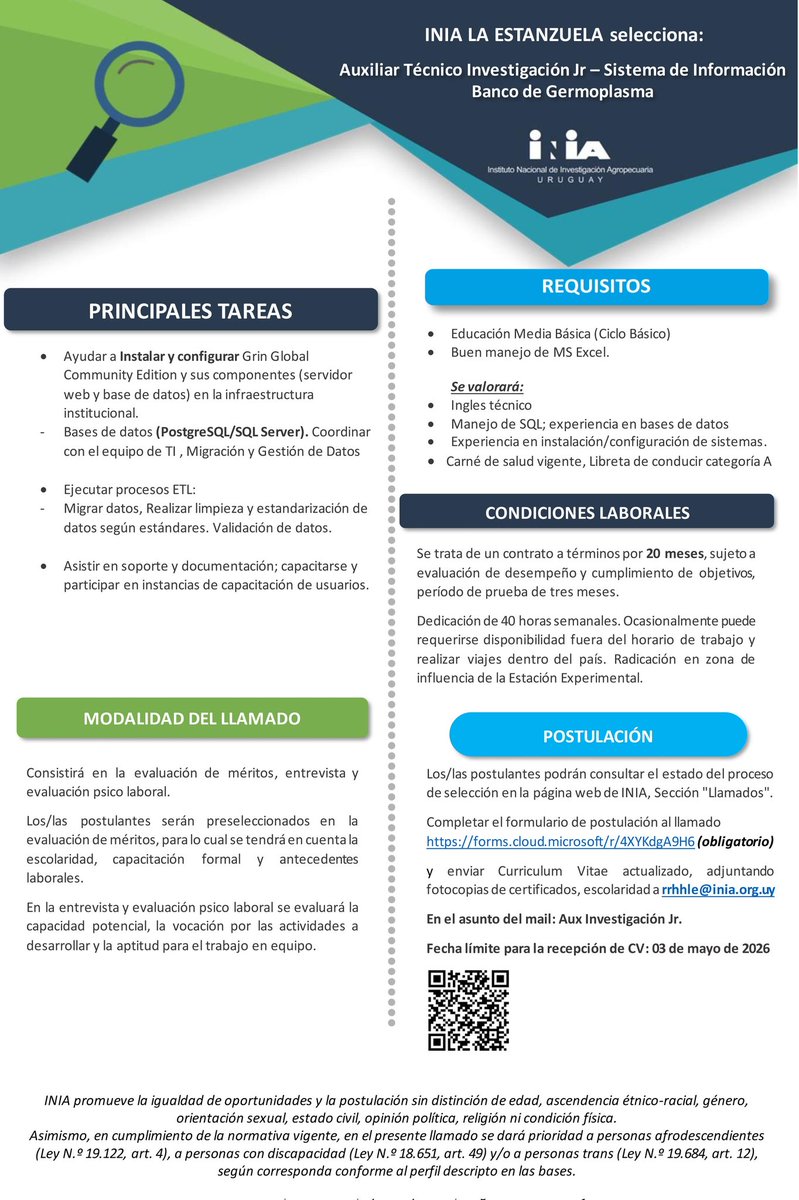 INIA SELECCIONA AUXILIAR TÉCNICO INVESTIGACIÓN JR - BANCO GERMOPLASMA

Toca en el enlace para ver más grande y/o descargar este aviso 👉 drive.google.com/file/d/1mdM8XH…