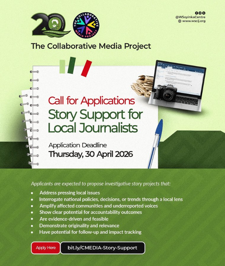 WSoyinkaCentre's tweet photo. 📢What is the story in your community that no one is following through?

The @WSoyinkaCentre is calling for applications for story support under the Collaborative Media Engagement for Development, Inclusivity, and Accountability (#CMEDIA) project, backing sub-national and local journalists ready to go beyond the headlines and pursue stories that demand accountability.

We are looking for investigative story ideas rooted in local realities, stories that interrogate governance, expose gaps in service delivery, and amplify voices that are often unheard. Through our Report Until Something Happens (#RUSH) model, we support reporting that goes beyond publication and continues until impact is achieved.

If your story can question power, use evidence and drive change, this is your call.

Apply here: https://t.co/72ps2kZBTW
🗓️ Deadline: Thursday, 30 April 2026

#WSCIJ #CMEDIA #AccountabilityJournalism #InvestigativeJournalism #LocalJournalism #RUSHFramework