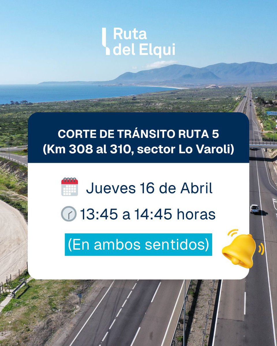 RutaElqui's tweet photo. 🛑 ATENCIÓN‼️🚧 #Ruta5
Un nuevo corte total de tránsito se registrará este jueves, entre las 13:45 y las 14:45 horas, en el sector de #LoVaroli.
⚠️ Planifica tus tiempos de viaje y conduce con precaución y atento a las condiciones del camino. ⚠️ Respeta la señalización vial. https://t.co/QaGTQUCa1p