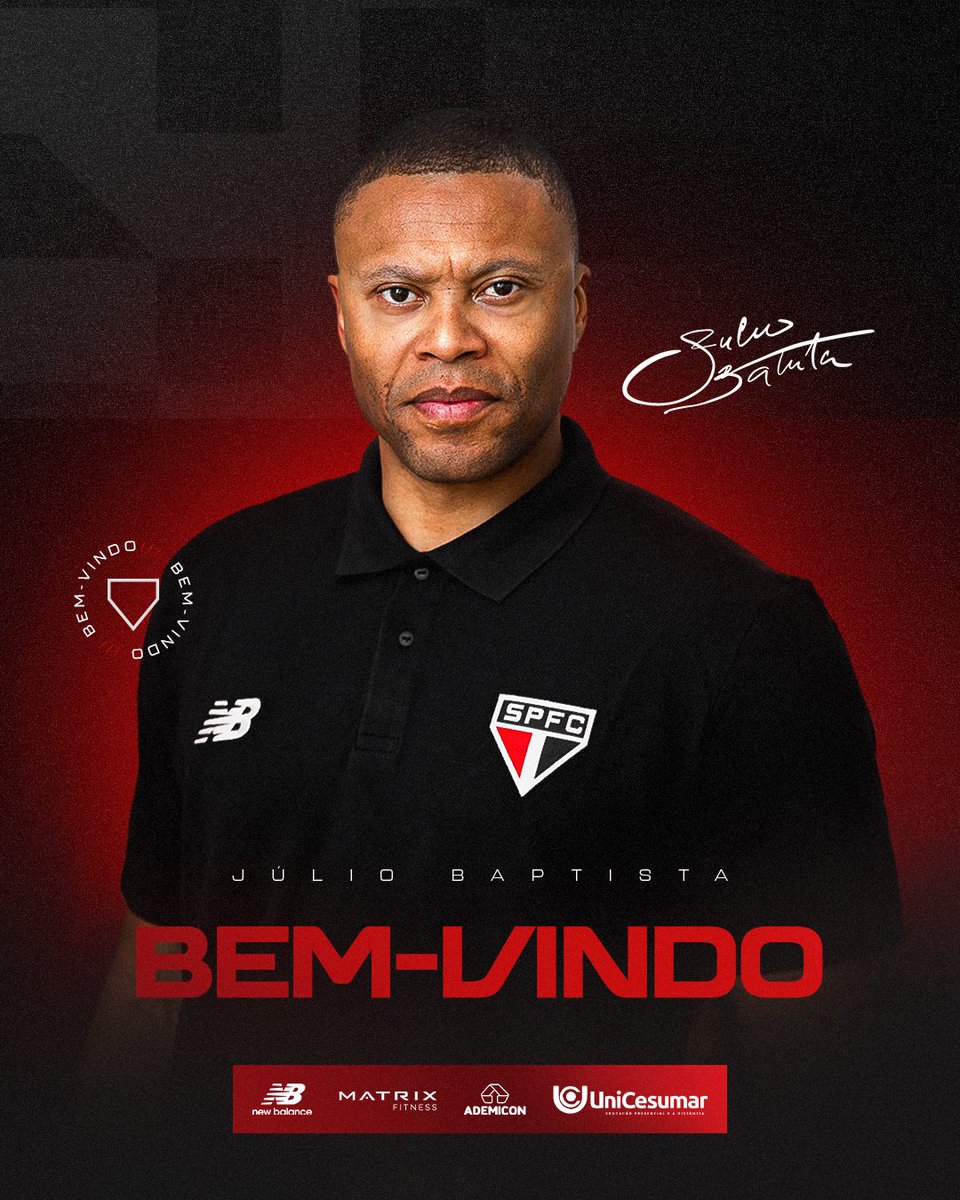 Júlio Baptista é o novo técnico da equipe Sub-20 do São Paulo

O Tricolor acertou a chegada do comandante, de 44 anos, para as categorias de base. O contrato é válido até 31 de dezembro de 2028.